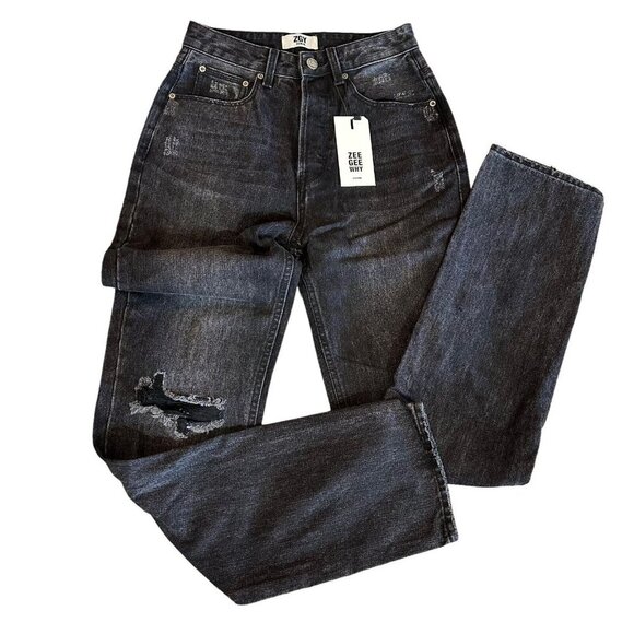 ZGY Denim Size 26 Straight Up Hi Rise Black Ashes To Ashes Trash Relaxed Fit NWT - Picture 2 of 7